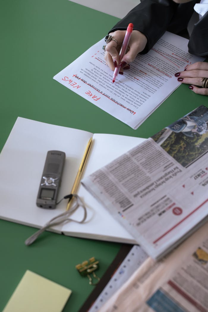 An overhead view of a person editing newspapers and documents at a desk.
